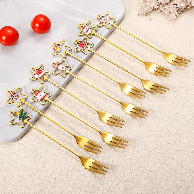 Stainless steel spoons, forks, tableware set, cute Christmas pendant, dessert spoon, coffee mixer spoon, hand gift set Specification image