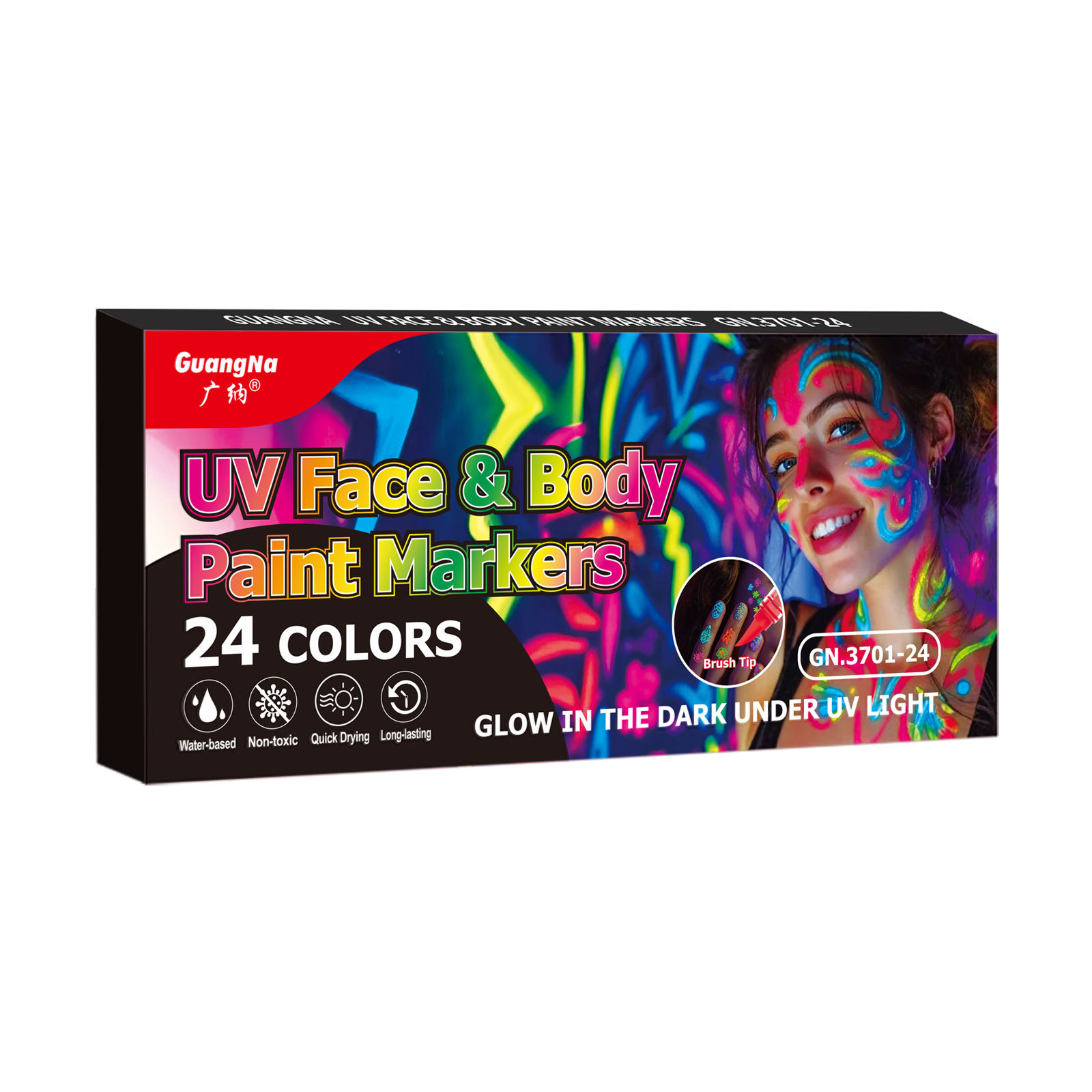 Guangna 3701 Direct Liquid UV Fluorescent Painting Pen Waterproof, sweat-proof, quick-drying and skin-friendly 24-color soft-tipped marker pen set Item Picture