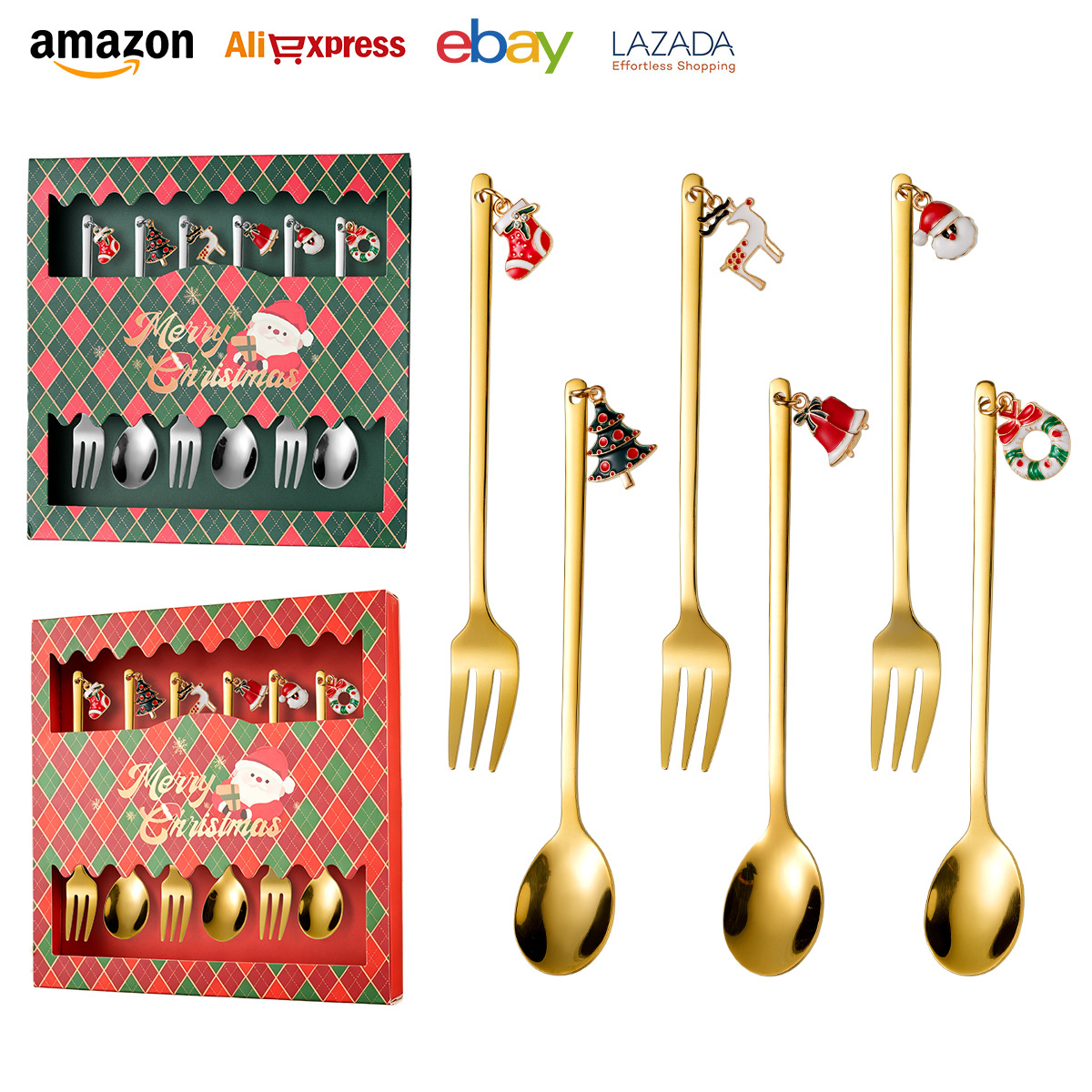Stainless steel golden Christmas checkered gift box with Western fork and spoon set and Christmas accessories such as coffee spoon and fruit fork