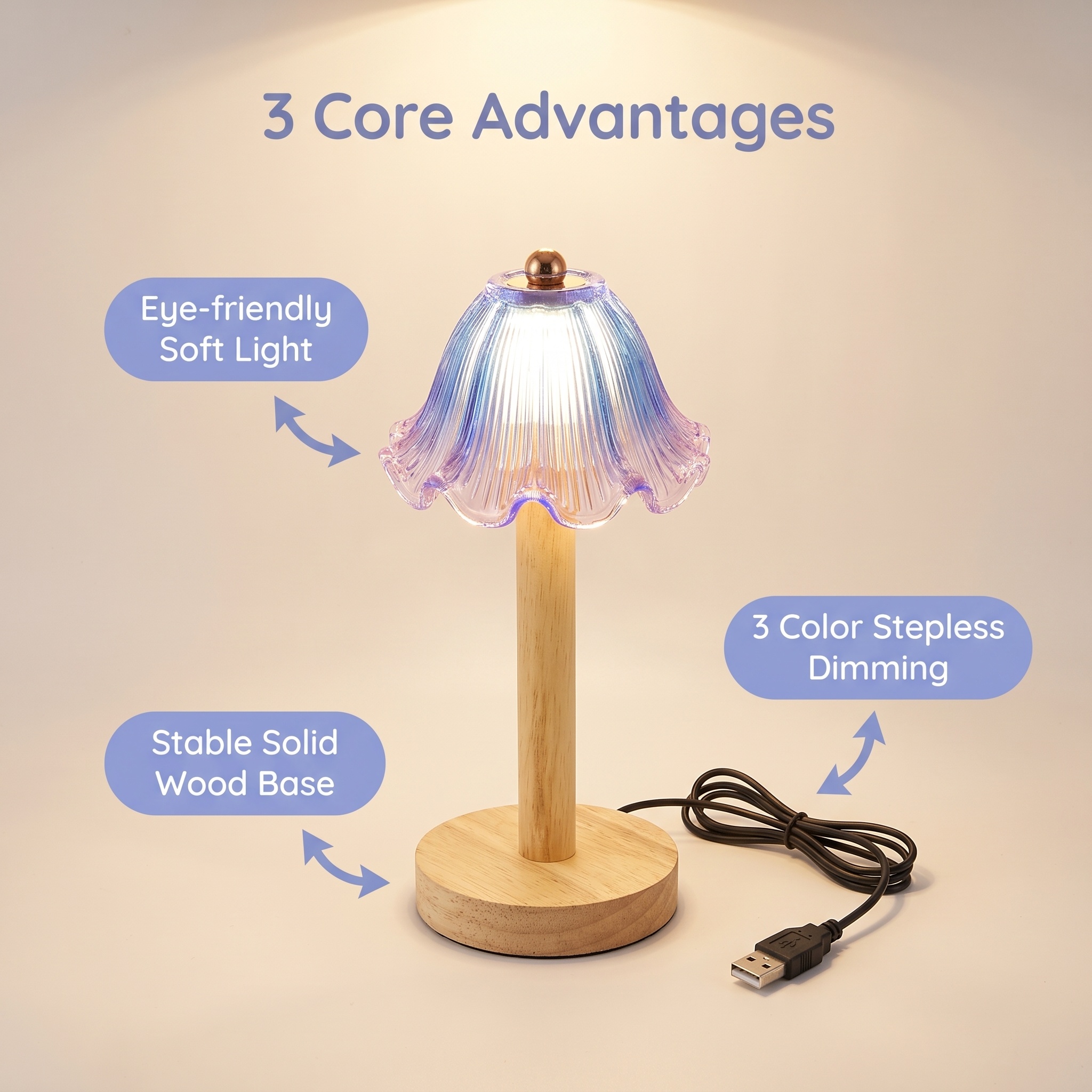 In 2026, Jilian's new color gradient glass wooden table lamp features three-color variable brightness with stepless adjustment Item Picture