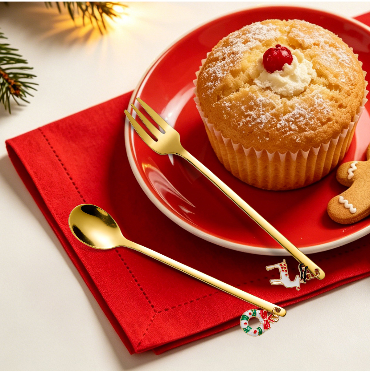 Acero inoxidable oro navidad plaids caja de regalo western tenedor conjunto de cuchara accesorios de navidad cuchara de café tenedor de frutas pic 8