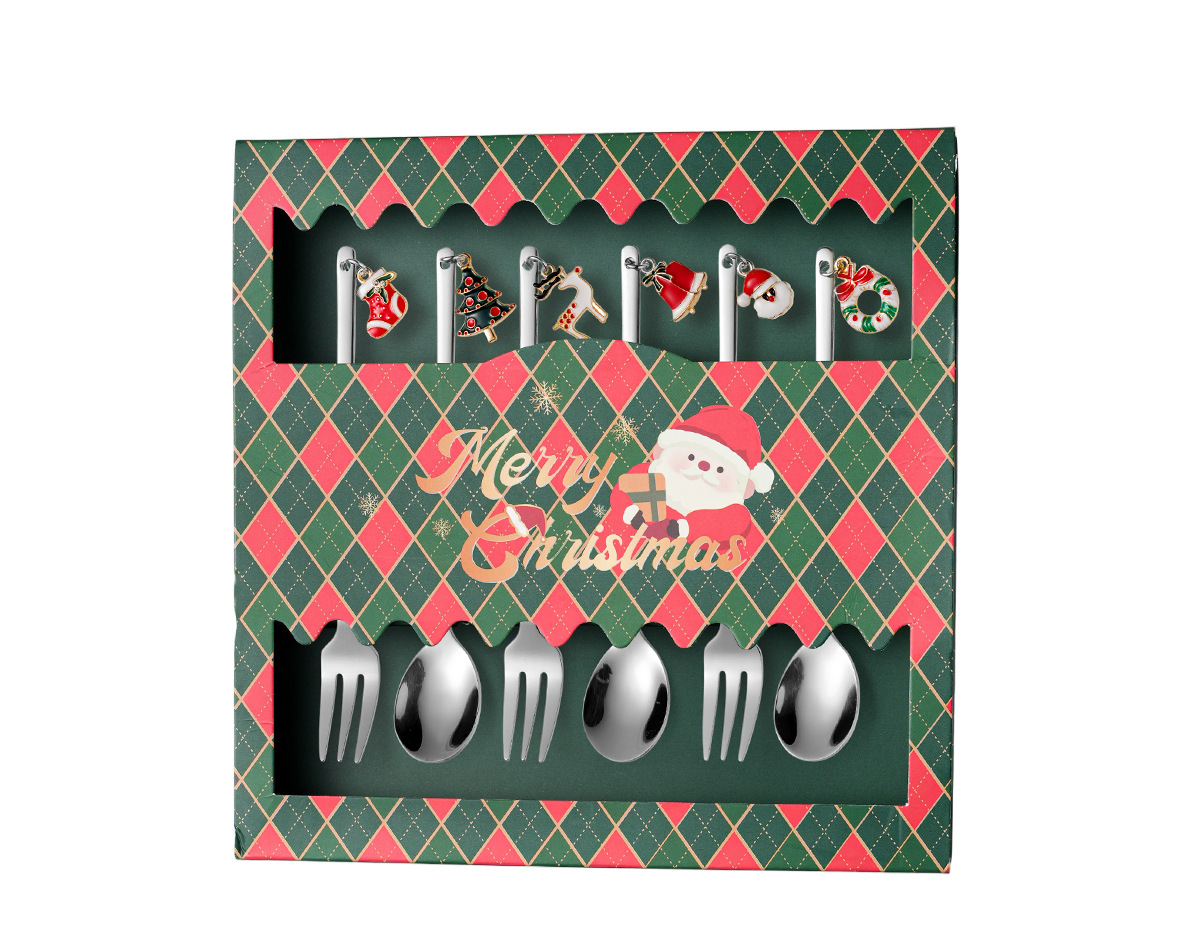 Acero inoxidable oro navidad plaids caja de regalo western tenedor conjunto de cuchara accesorios de navidad cuchara de café tenedor de frutas pic 10