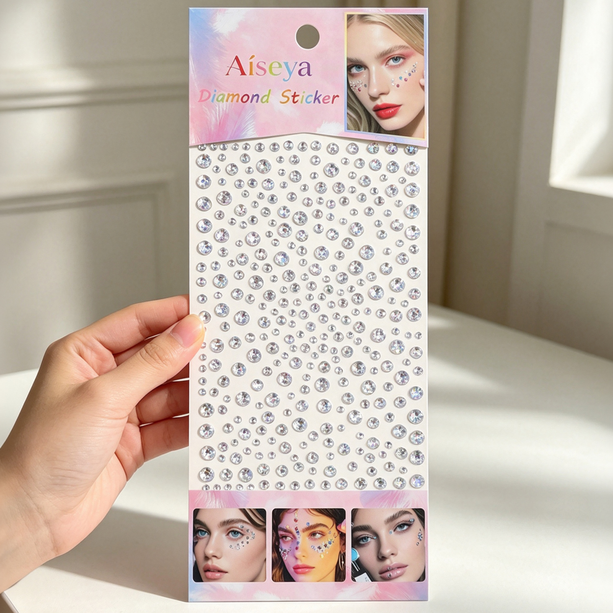 Full Sky Stars Laser white Diamond stickers, multi-sized round diamond self-adhesive water diamond stickers, music festival stage eye makeup, face decoration diamonds