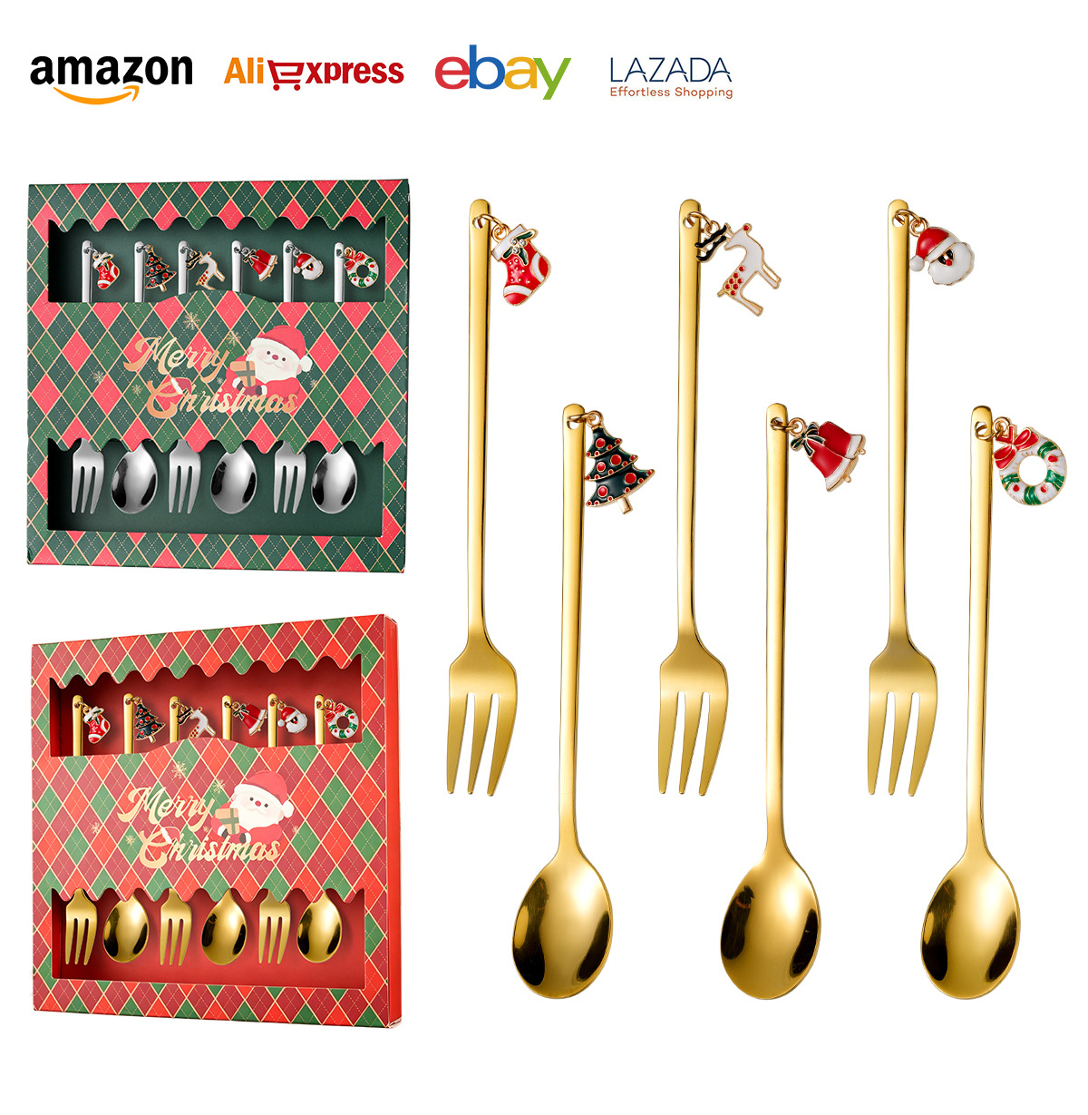 Acero inoxidable oro navidad plaids caja de regalo western tenedor conjunto de cuchara accesorios de navidad cuchara de café tenedor de frutas pic 9