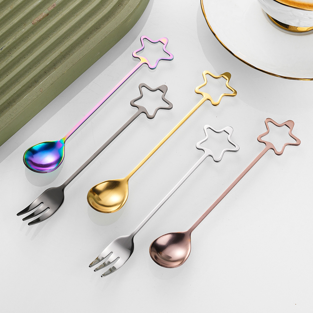 Five-pointed star stainless steel spoon, creative small spoon, hollowed-out star spoon, coffee mixing spoon, fruit fork, dessert spoon details Picture