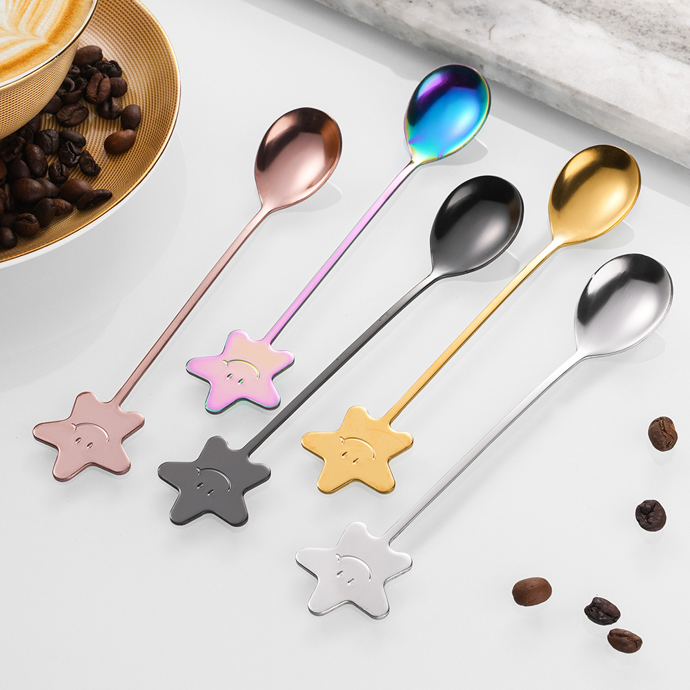Star-shaped smiling spoon, cute stainless steel stirring spoon, high appearance level coffee spoon, five-pointed star cake dessert small spoon