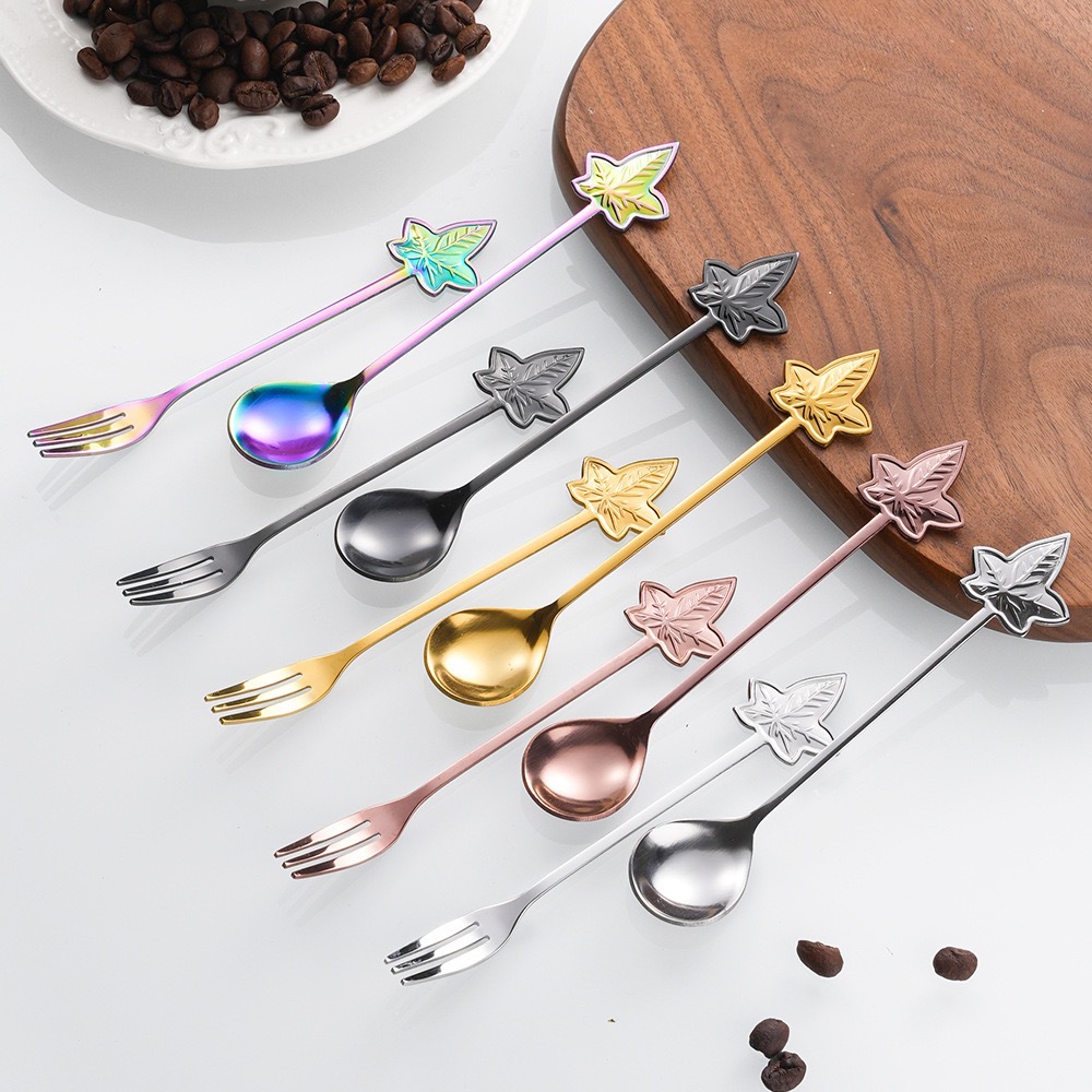 Stainless steel spoon 410 maple leaf spoon and fork design sense, cross-border coffee dessert tea cup, mixing spoon, fruit fork