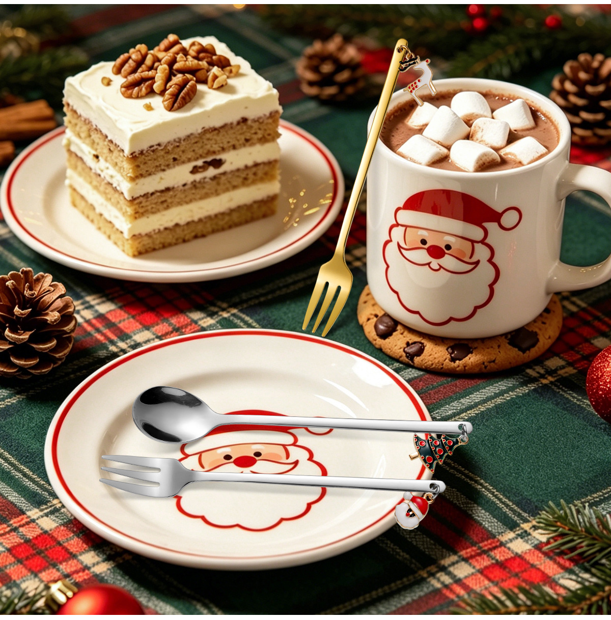 Acero inoxidable oro navidad plaids caja de regalo western tenedor conjunto de cuchara accesorios de navidad cuchara de café tenedor de frutas pic 7