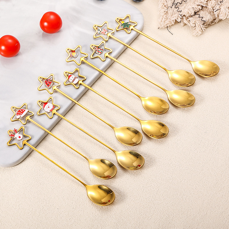 Stainless steel spoons, forks, tableware set, cute Christmas pendant, dessert spoon, coffee mixer spoon, hand gift set details Picture