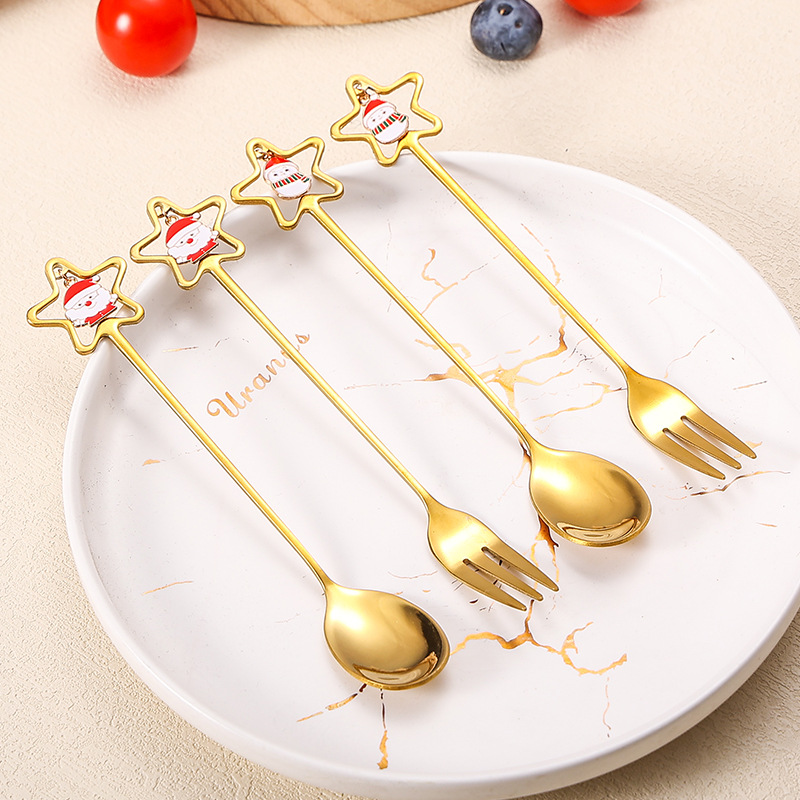 Stainless steel spoons, forks, tableware set, cute Christmas pendant, dessert spoon, coffee mixer spoon, hand gift set Application Scenario