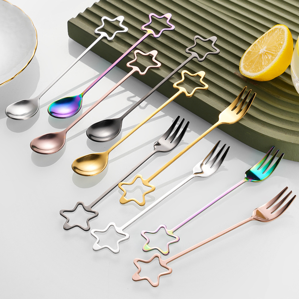 Five-pointed star stainless steel spoon, creative small spoon, hollowed-out star spoon, coffee mixing spoon, fruit fork, dessert spoon
