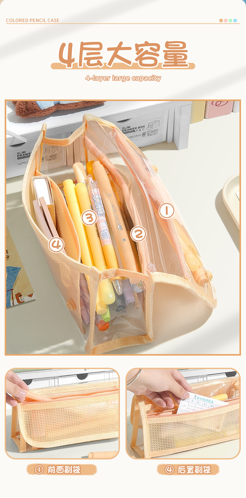 Baiyi BY90111 multi-functional pen case, transparent PVC waterproof pen case, 4-layer large-capacity stationery bag, triangular three-dimensional color pen case pic 4