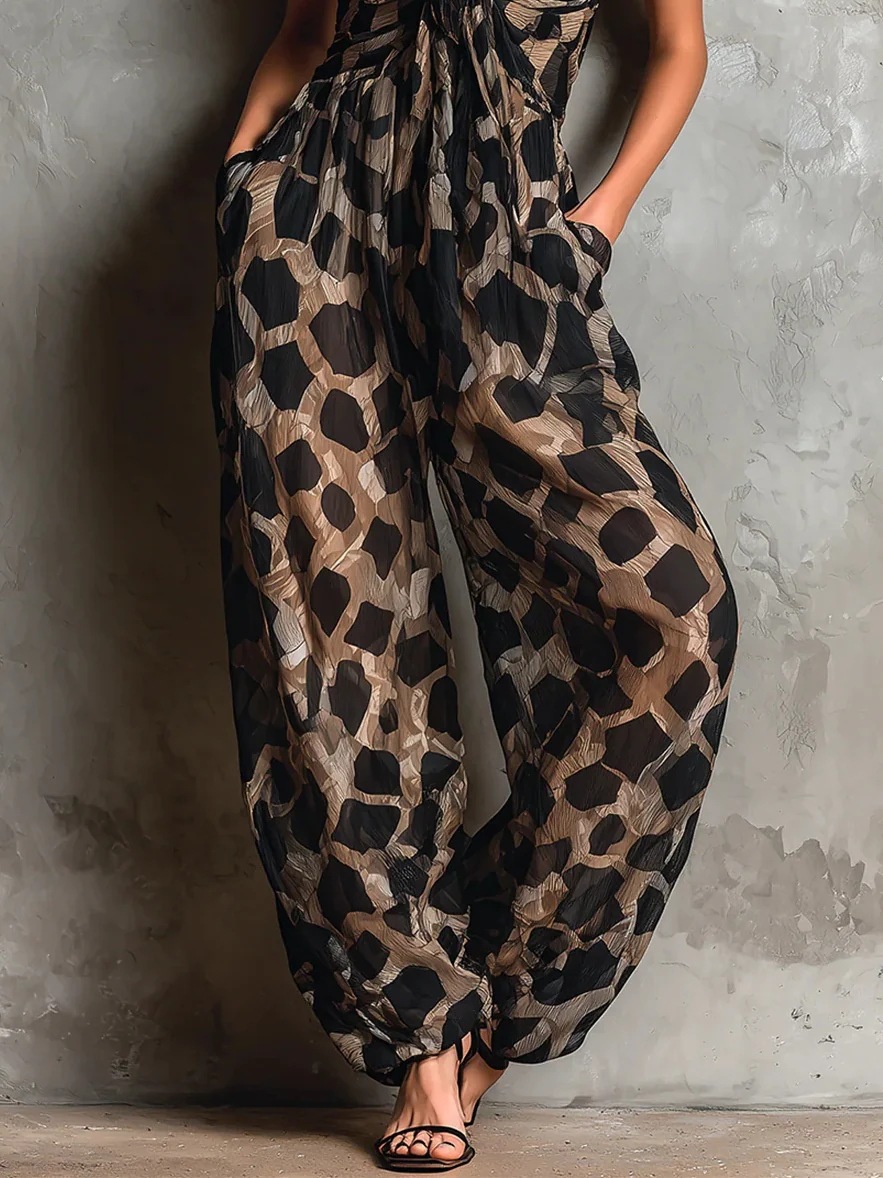 Retro leopard print deep V knot halter jumpsuit, loose and drape, wide-leg slimming, vacation-style long jumpsuit Item Picture