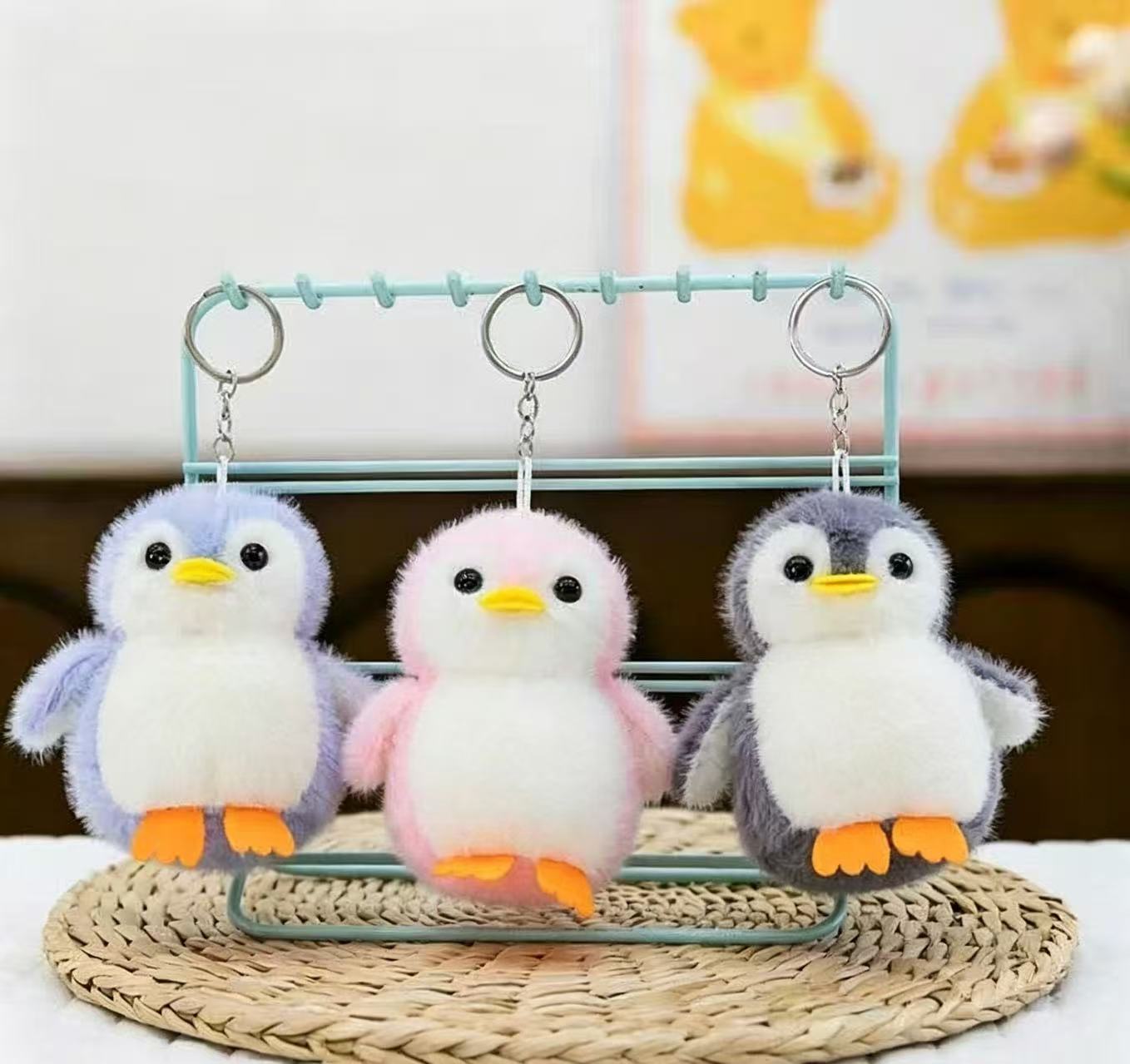 Three plush penguin quicksand mirror keychains, wool felt acrylic Rubik's Cube star pendants