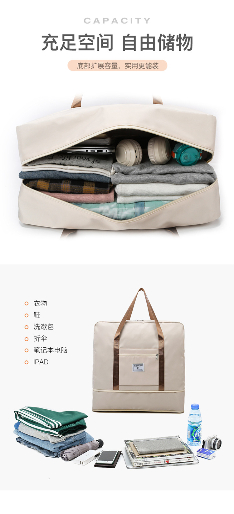 High-appeartion-level folding single-shoulder travel bag, large-capacity women's storage bag, travel handbag, student luggage, fitness bag detail image 16