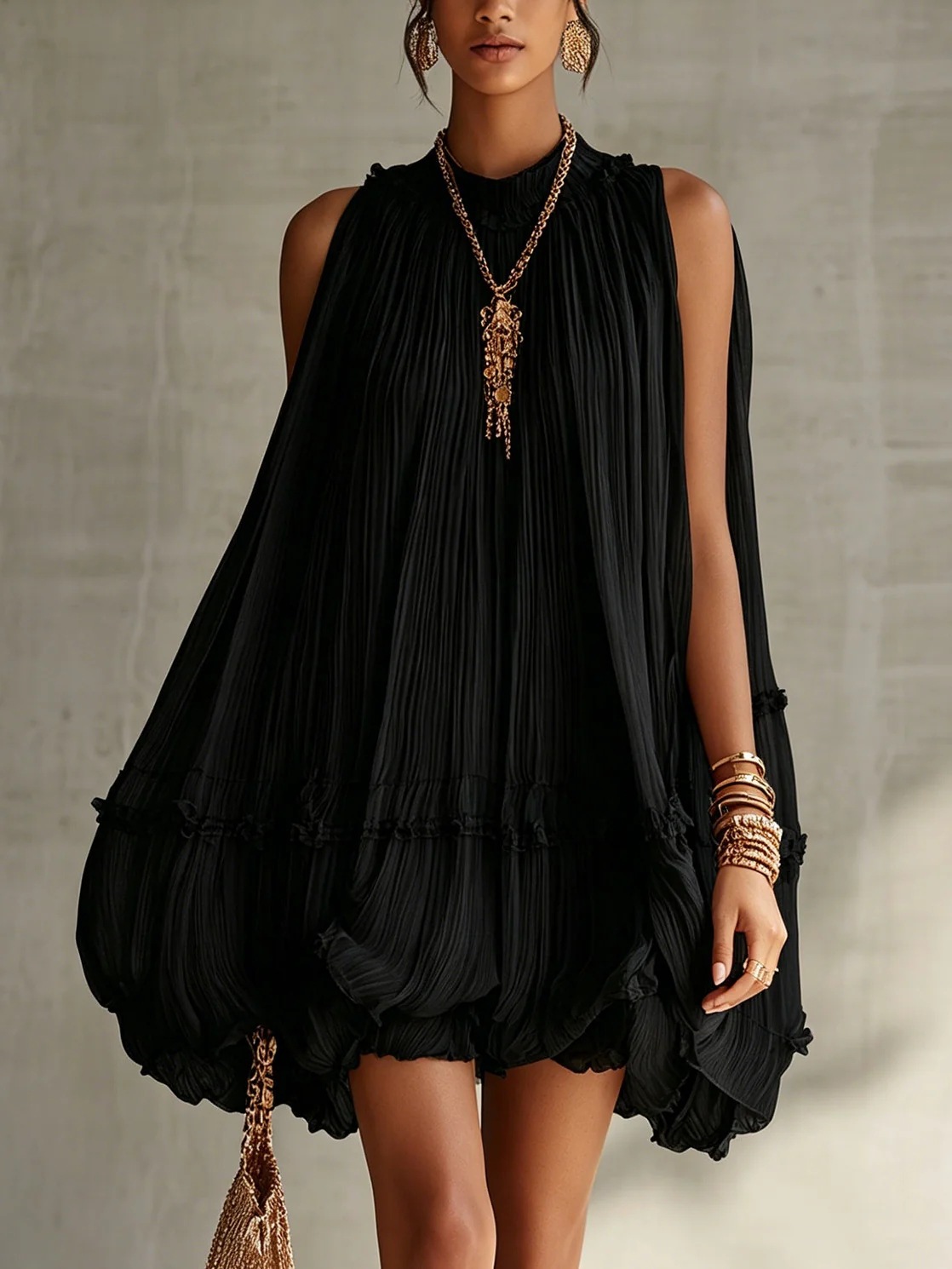 Sleeveless pleated short skirt for women, loose, wide-hem hem, ruffled A-line doll dress, vacation short dress Item Picture