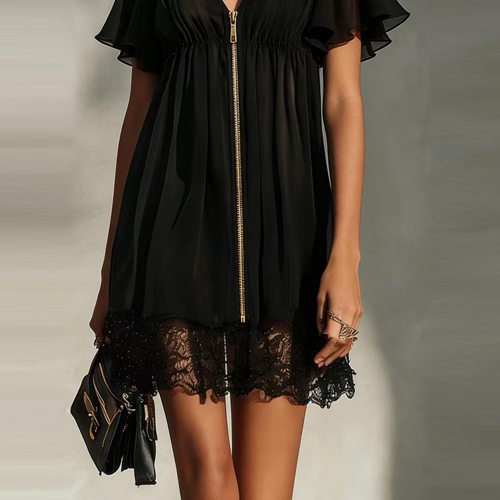 European and American cross-border foreign trade 2026 Summer new fashionable solid color V-neck zipper cardigan lace patchwork dress for women