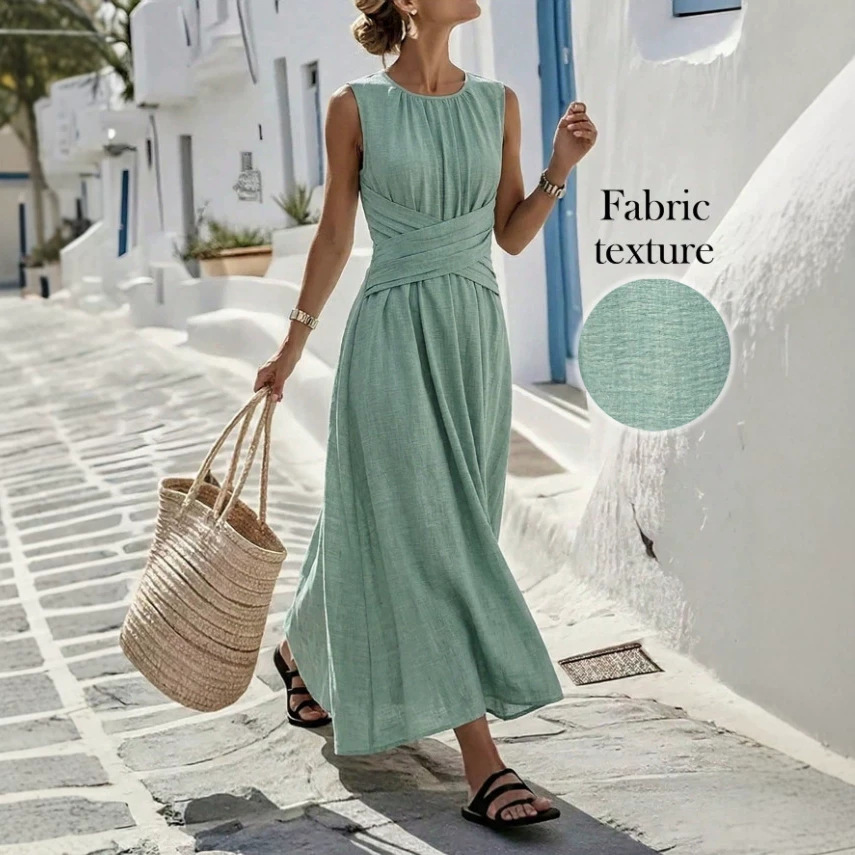 Mint green sleeveless long dress, European and American style cinched waist dress, large swing long dress, vacation and casual, Amazon cross-border Item Picture
