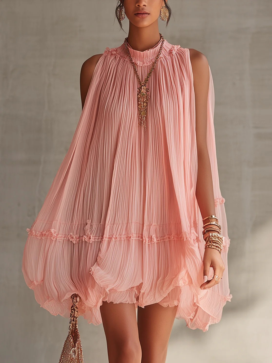 Sleeveless pleated short skirt for women, loose, wide-hem hem, ruffled A-line doll dress, vacation short dress