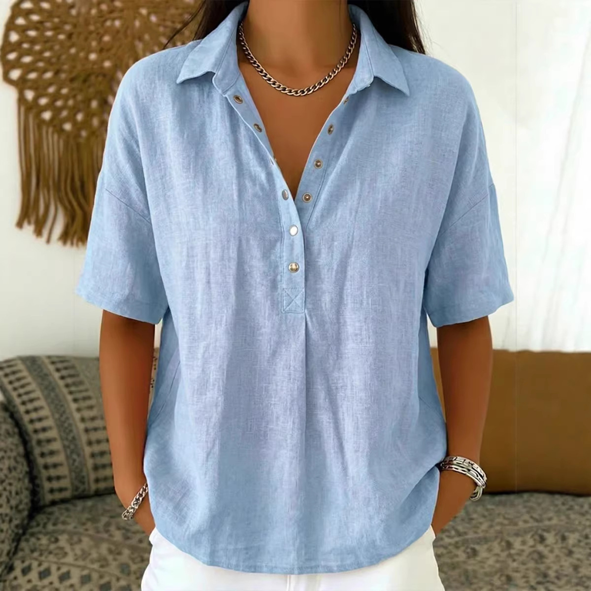 The new summer collection of women's clothing on Amazon 2026, featuring loose and comfortable short-sleeved lapels in solid colors Application Scenario