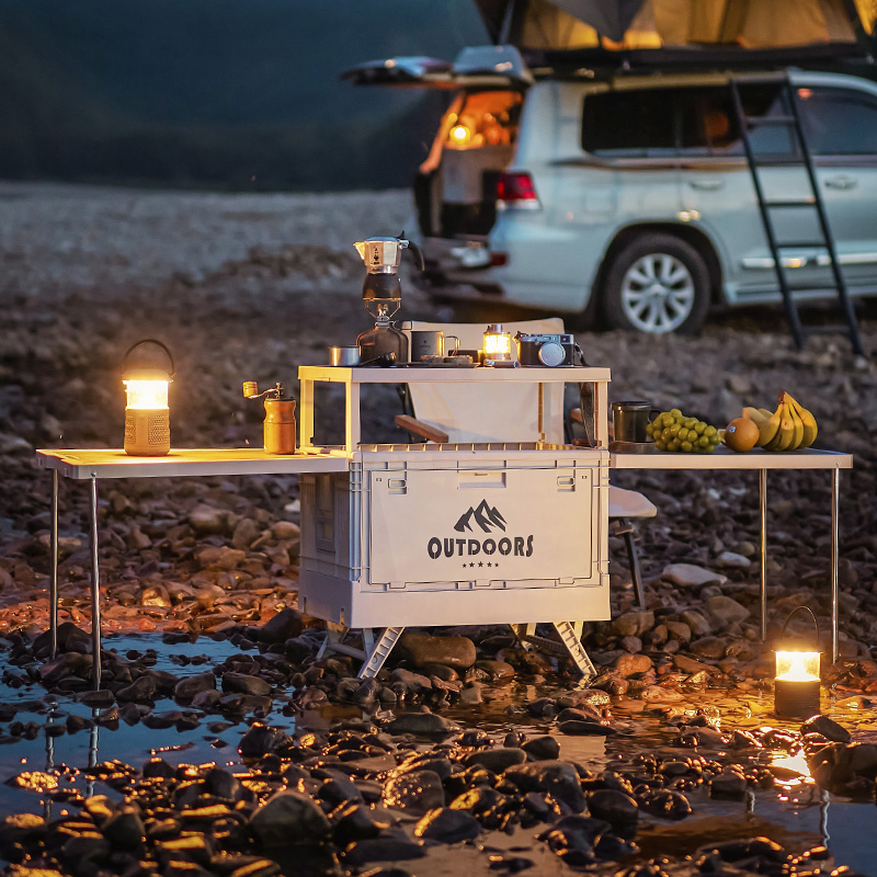 【CL】26Q3#1070 beige folding camping table with Moon Chair Camping Barbecue table portable folding chair Specification image