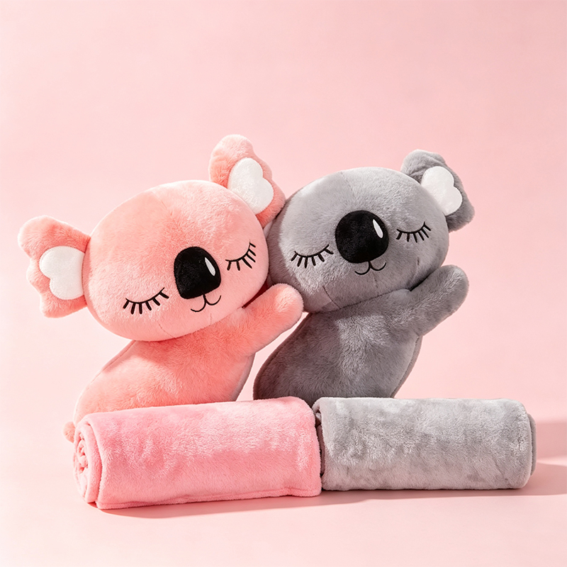 Crouching koala plush air conditioner blanket, comfortable nap blanket, anime cartoon animal doll, small throw pillow, two-in-one pink and gray koala plush doll, Qixi Festival gift, plush toy