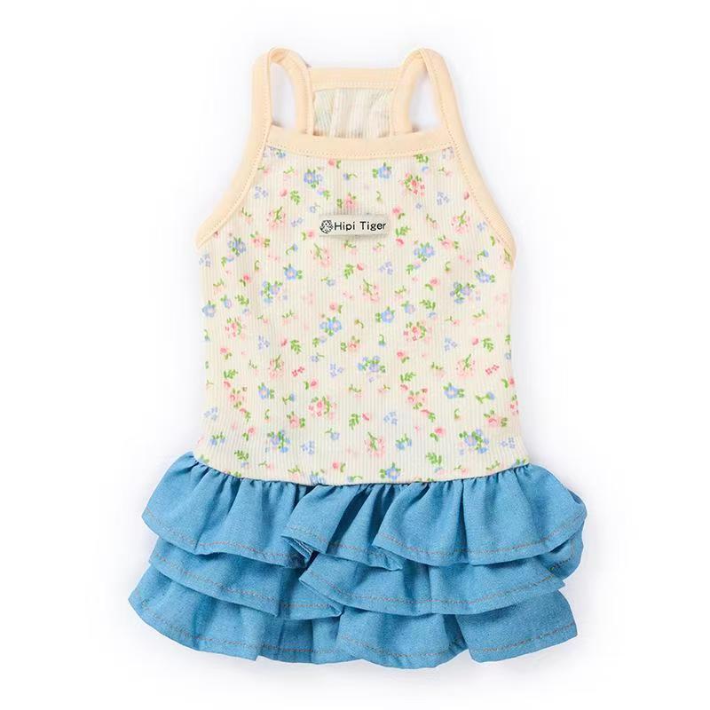 Cross-border exclusive anti-shedding breathable floral pet dress, Korean small dog clothing, denim skirt hem Specification image