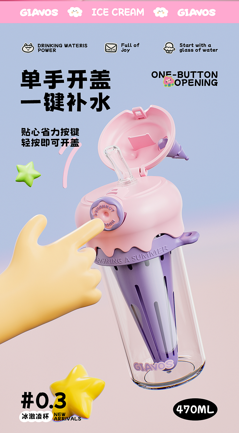 【OSEO】26Q1#2599粉色冰淇淋造型可爱女生水杯塑料杯水杯详情5