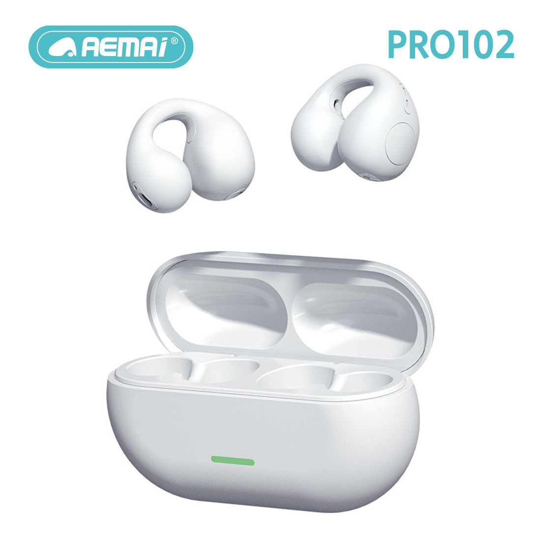 PRO102 ear-clip wireless headphones feature long battery life for calls and sports, aemai high-quality sound, and comfortable silicone