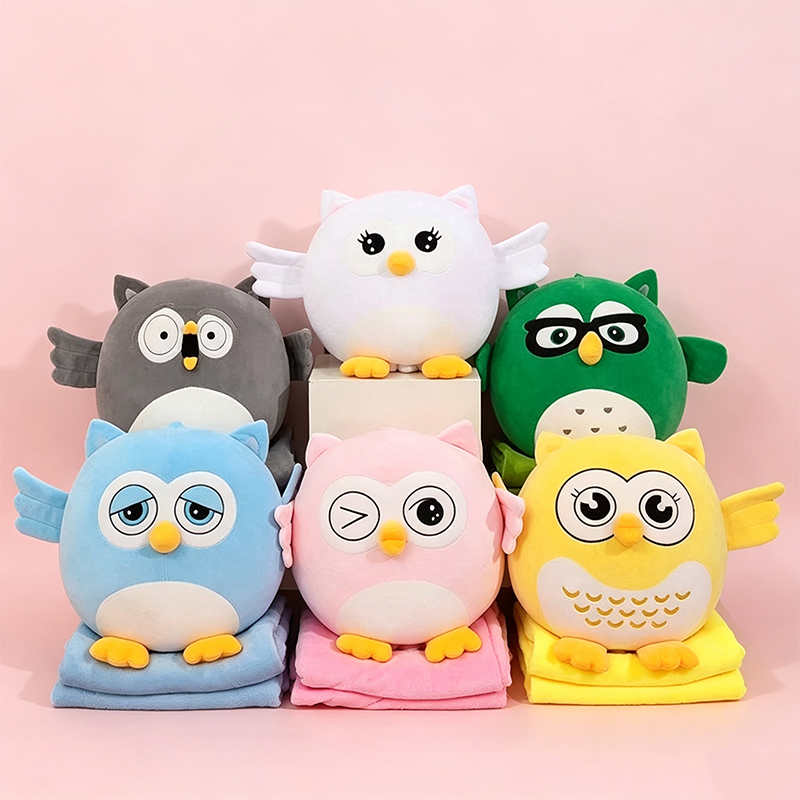 Owl plush air conditioner blanket, comfortable nap blanket, anime cartoon children's blanket, small doll doll, two-in-one throw pillow, colorful owl plush doll doll, Qixi Festival gift, plush toy