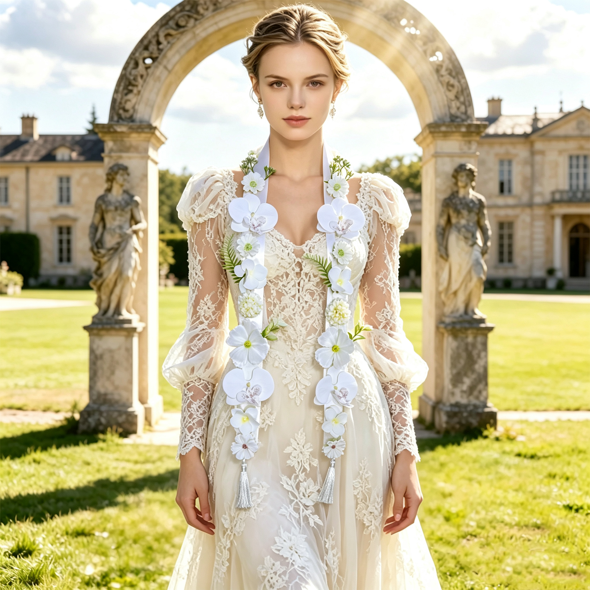 European and American brides' grass wedding dress, flower accessories and ribbons