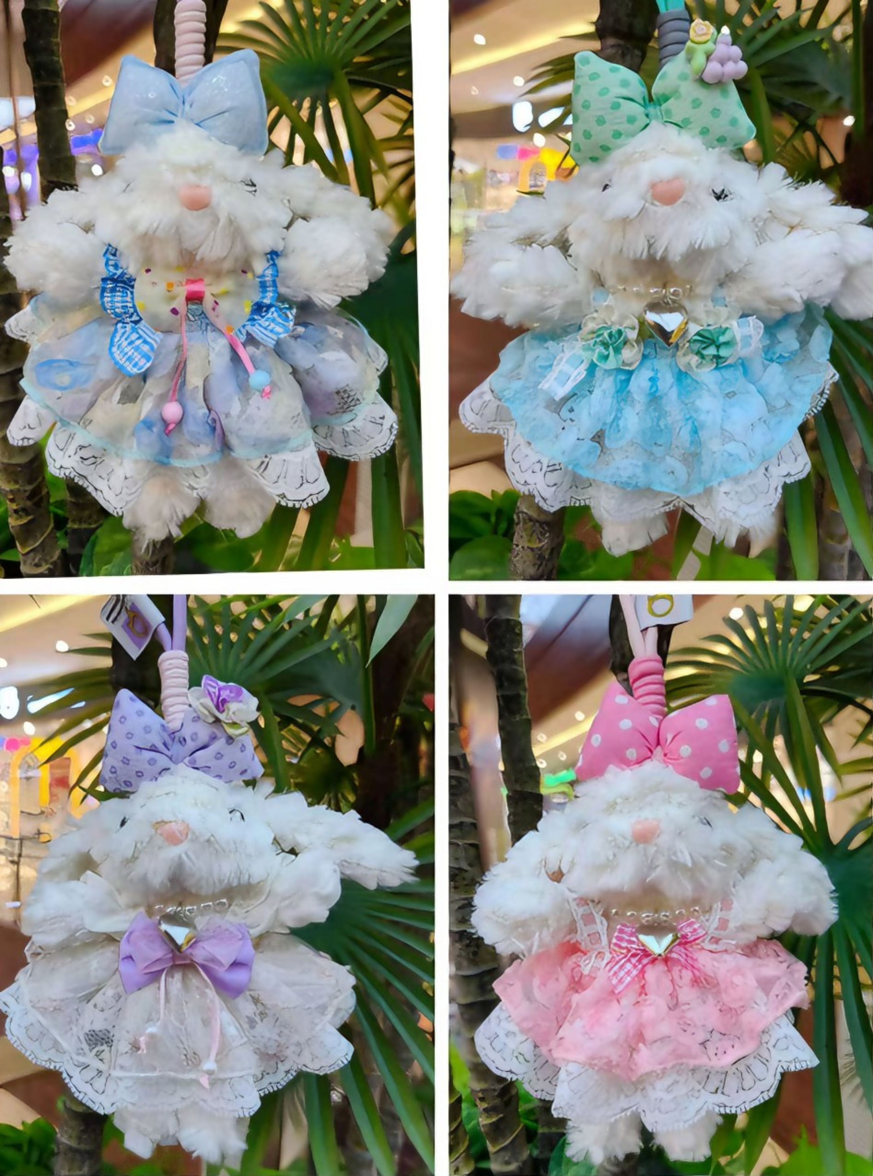 A cute and diverse schoolbag pendant in the shape of a plush rabbit with a drawstring skirt and hanging ears