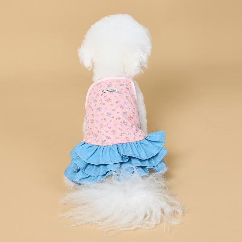 Cross-border exclusive anti-shedding breathable floral pet dress, Korean small dog clothing, denim skirt hem details Picture