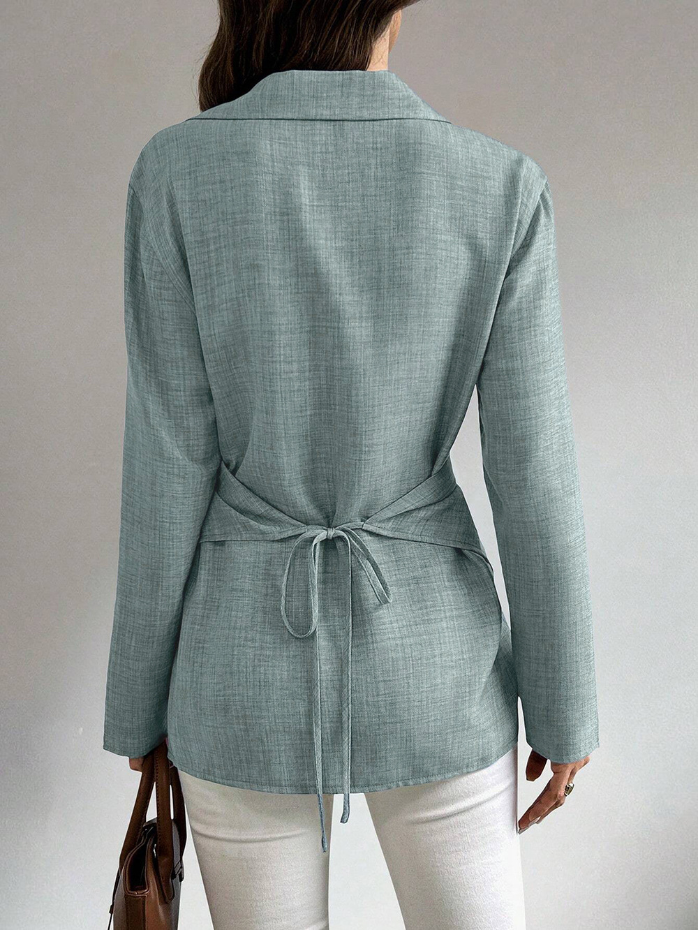 European and American Amazon tiktok2026 Women's long-sleeved shirt with lapel and strap, slimming and elegant commuting cardigan top Item Picture