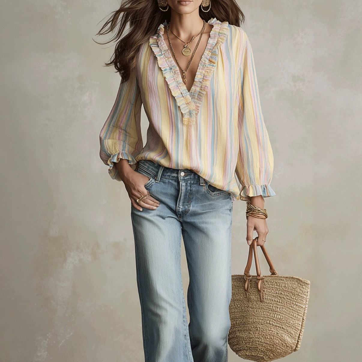 2026 Spring and Autumn New style European and American striped printed V-neck ruffled loose shirt, women's vacation style long-sleeved top Item Picture