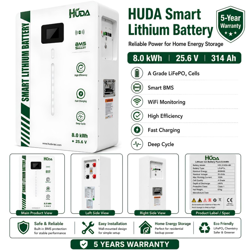 HUDA 8KWh HDL314S8-8K wall-mounted photovoltaic energy storage lithium battery 25.6V 314Ah home photovoltaic Bluetooth smart backup energy storage power supply Item Picture