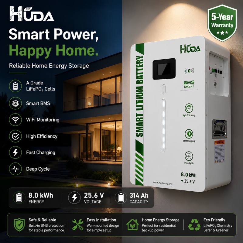 HUDA 8KWh HDL314S8-8K wall-mounted photovoltaic energy storage lithium battery 25.6V 314Ah home photovoltaic Bluetooth smart backup energy storage power supply details Picture