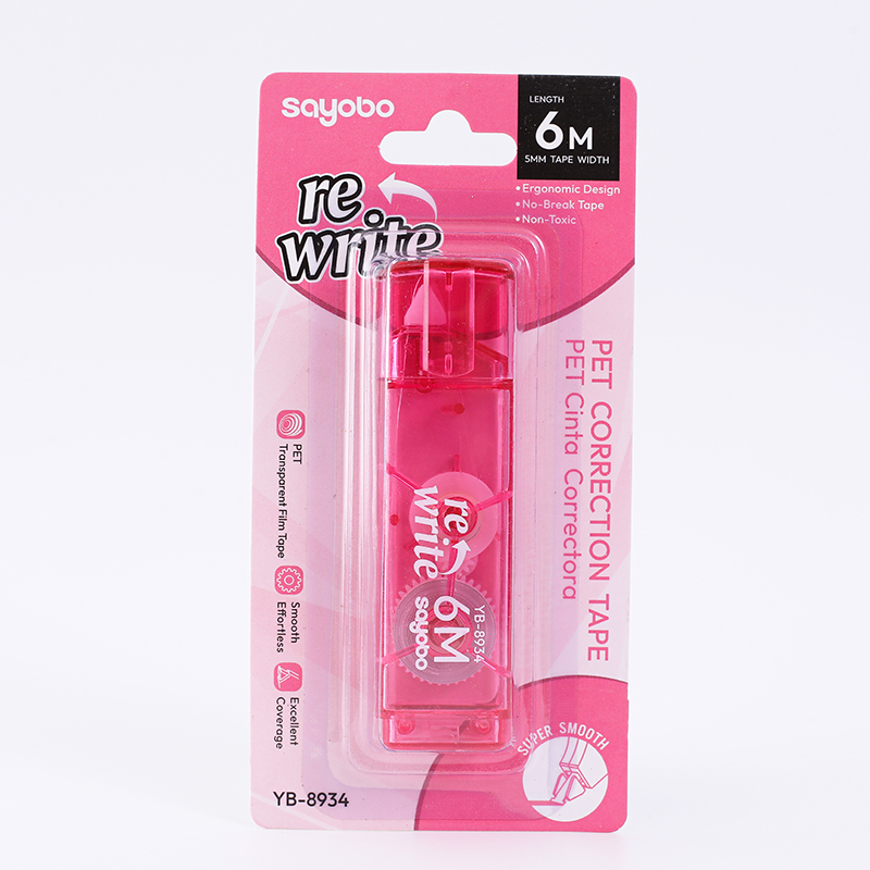 The YB-8934 English version features a 6-meter full-length correction tape with a pen clip design for easy portability Specification image