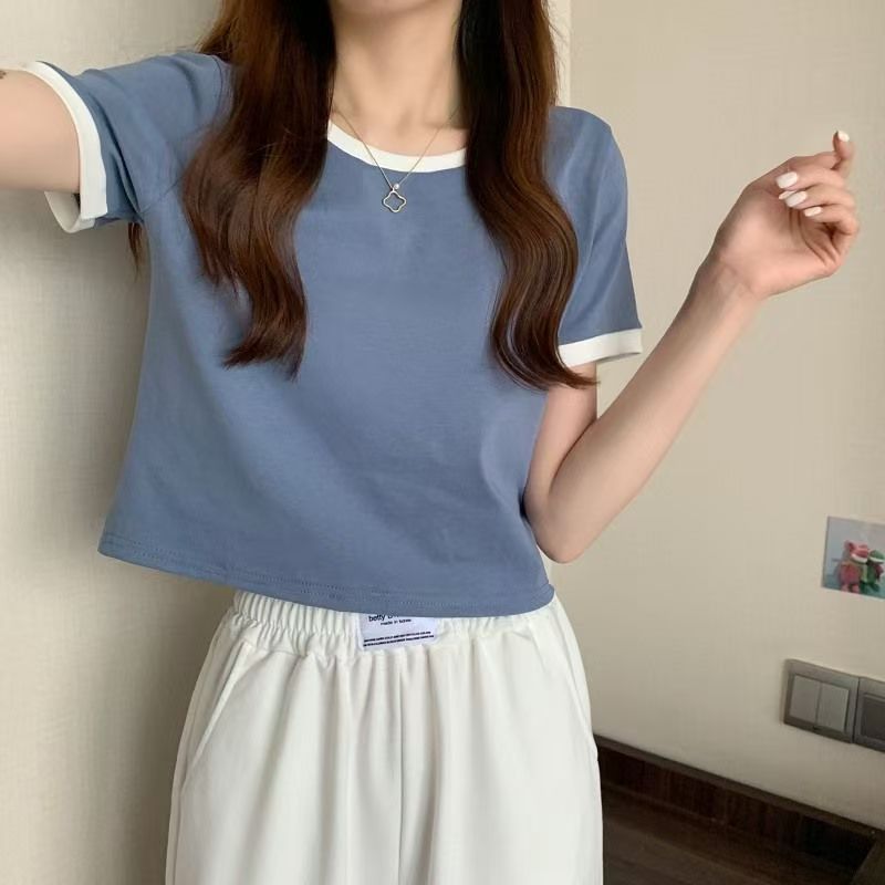 Bump color cuello redondo manga corta camiseta mujer 2026 nuevo verano legging versión coreana slim fit corto estudiante top trendy Application Scenario