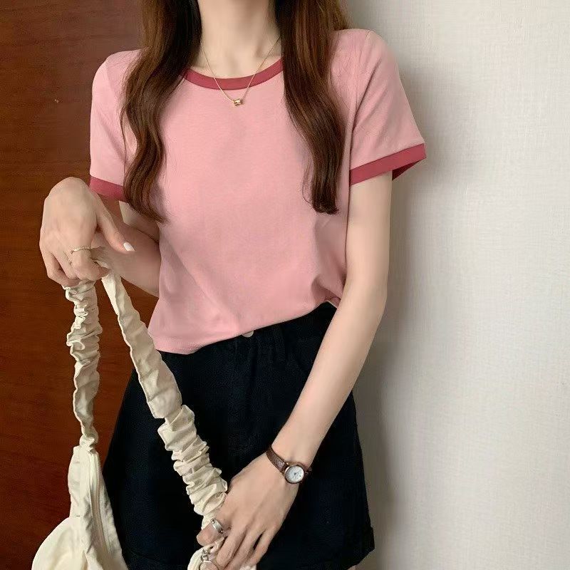 Bump color cuello redondo manga corta camiseta mujer 2026 nuevo verano legging versión coreana slim fit corto estudiante top trendy