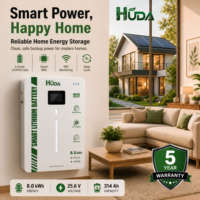 HUDA 8KWh HDL314S8-8K wall-mounted photovoltaic energy storage lithium battery 25.6V 314Ah home photovoltaic Bluetooth smart backup energy storage power supply Specification image