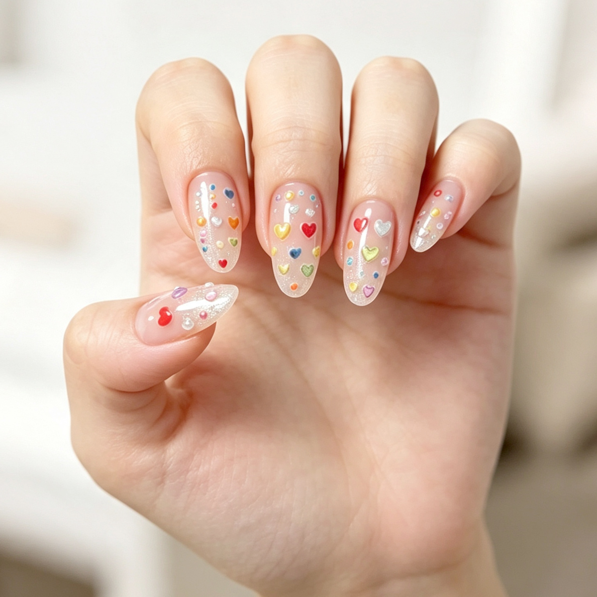 Macaron heart-shaped dot nail stickers, embossed three-dimensional Japanese-style cute girl self-adhesive nail stickers with small patterns Application Scenario
