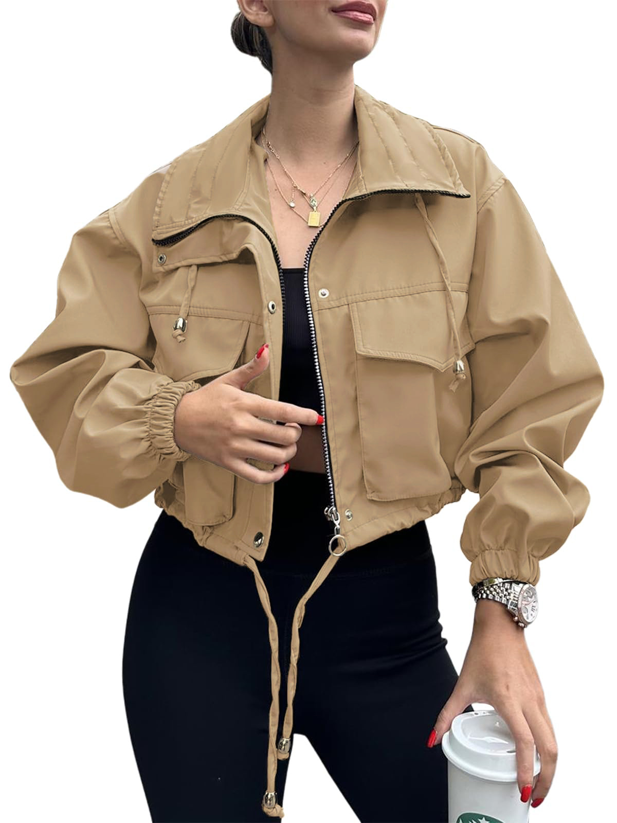 Amazon 2025 Cross-border European and American Autumn New Women's solid color short jacket with zipper windbreaker Application Scenario