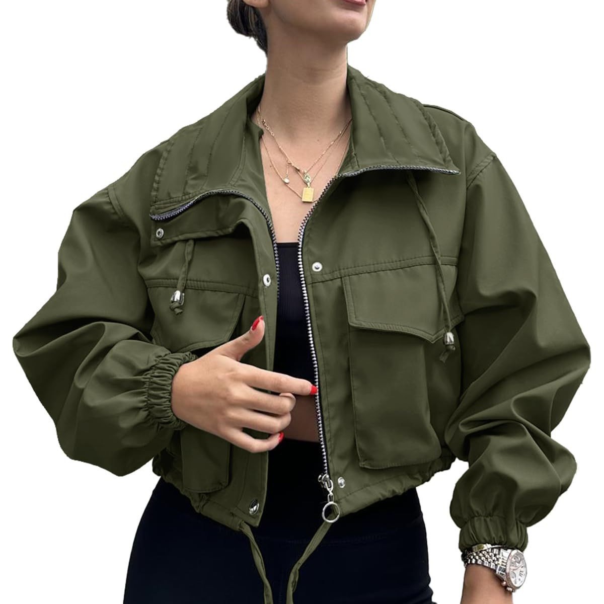 Amazon 2025 Cross-border European and American Autumn New Women's solid color short jacket with zipper windbreaker