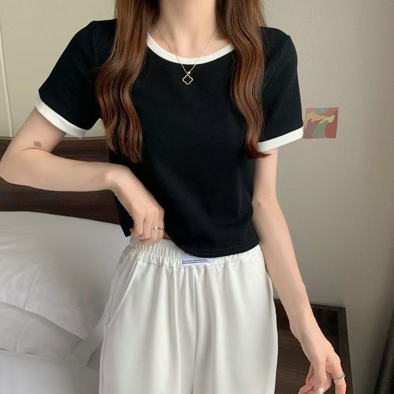 Bump color cuello redondo manga corta camiseta mujer 2026 nuevo verano legging versión coreana slim fit corto estudiante top trendy Item Picture