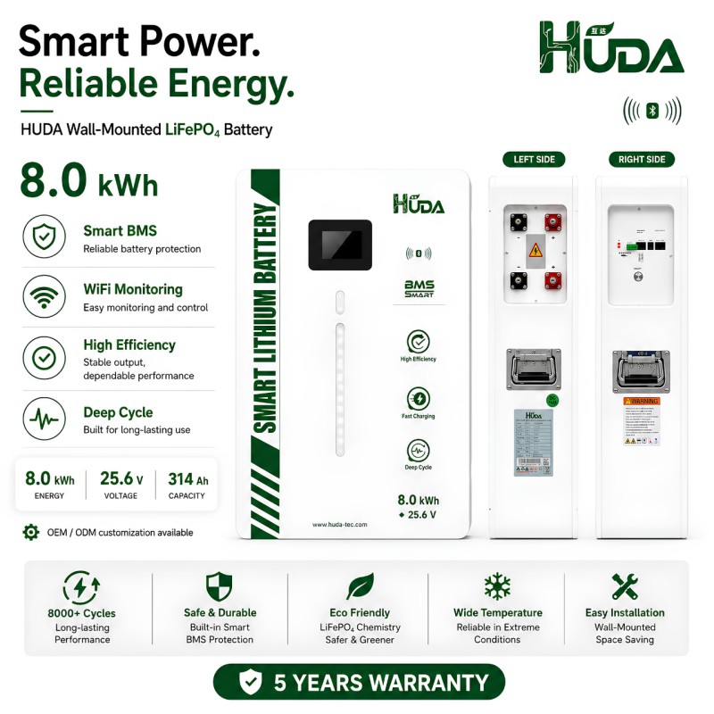 HUDA 8KWh HDL314S8-8K wall-mounted photovoltaic energy storage lithium battery 25.6V 314Ah home photovoltaic Bluetooth smart backup energy storage power supply Application Scenario