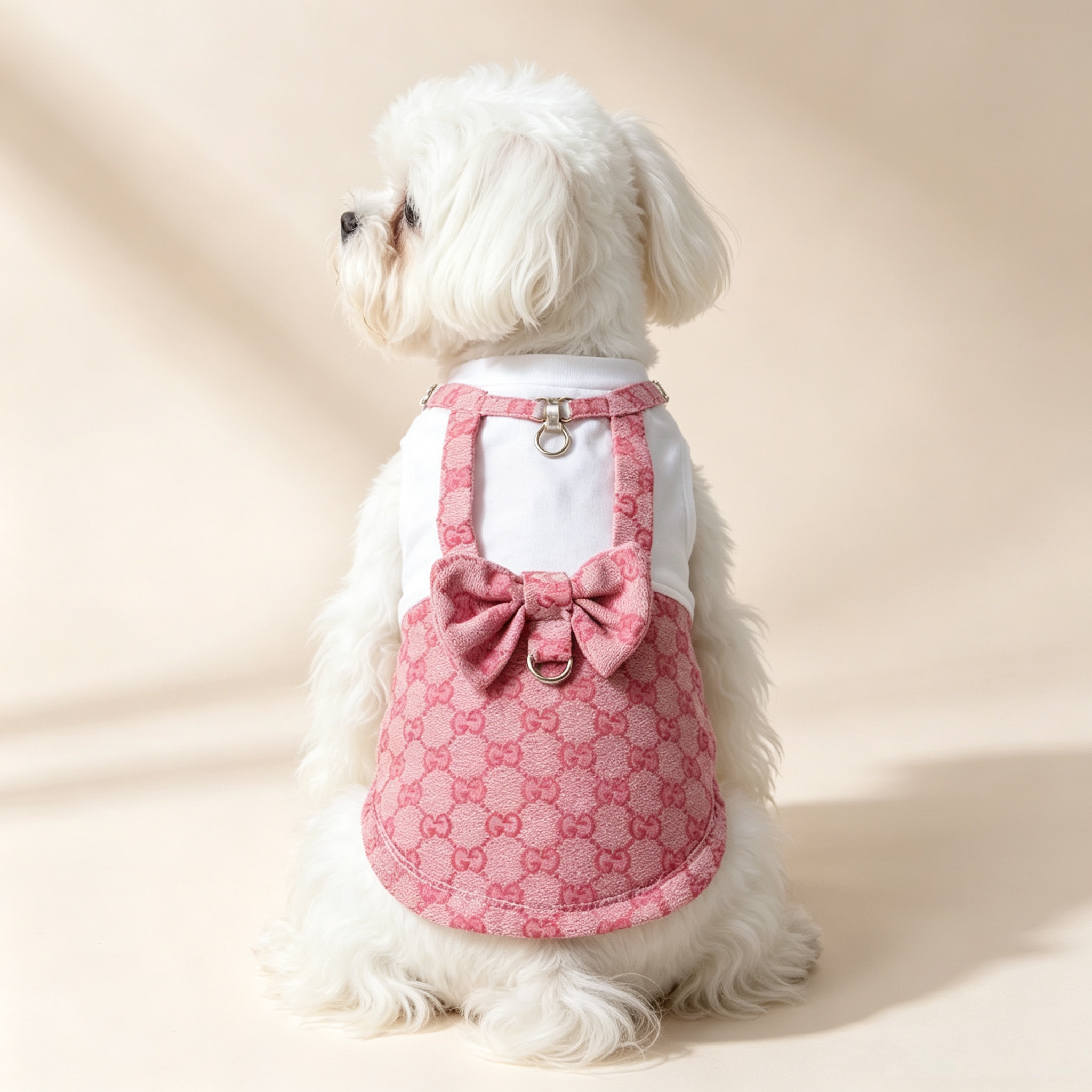 A two-piece set of pet harness dress with a classic floral print and a base T-shirt inside, suitable for towing dogs details Picture