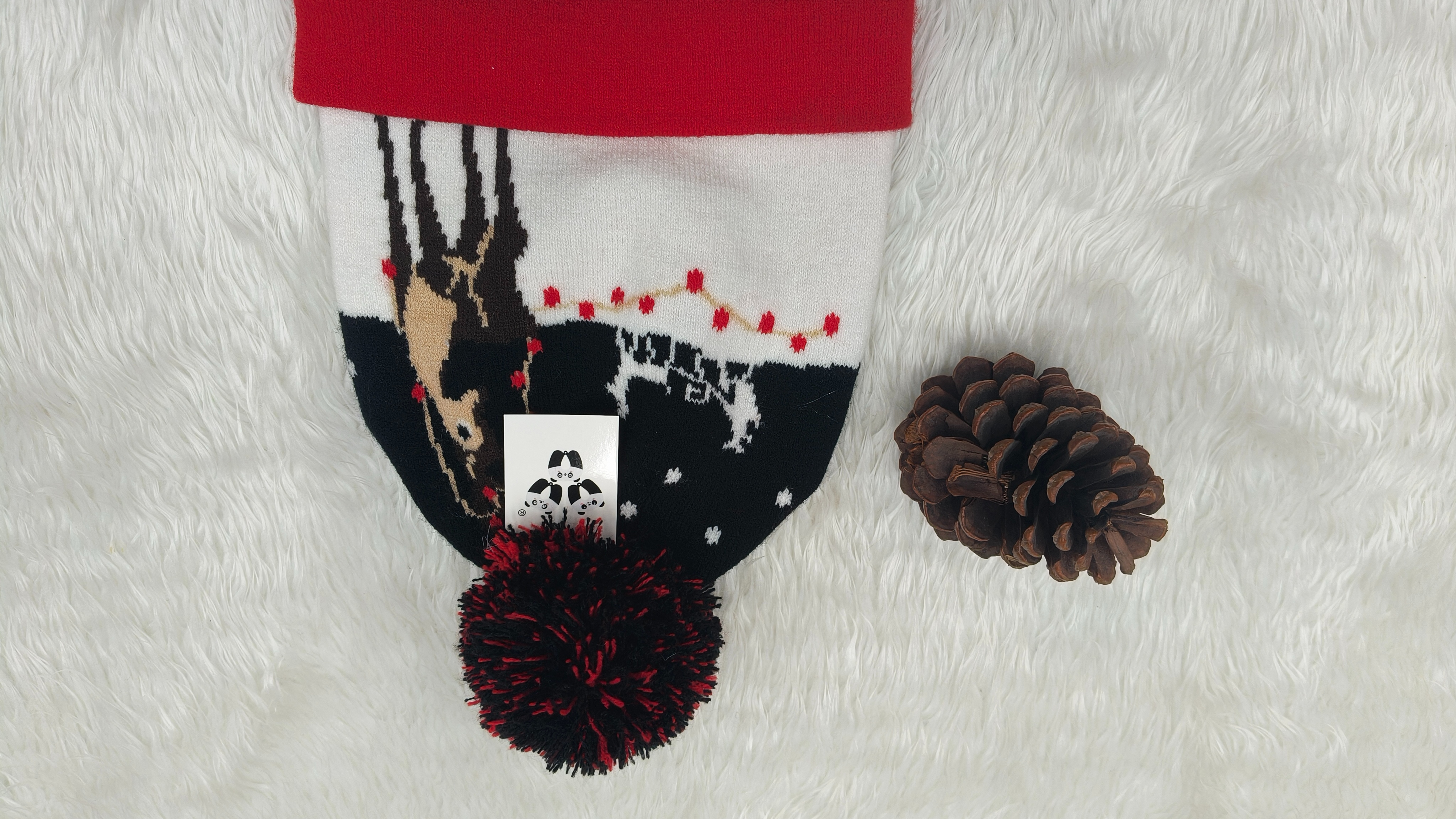 Black Christmas hat, reindeer chimney pattern, golden star snowflake embroidery, pinecone decoration, Christmas outfit items, Christmas hat, Christmas Item Picture