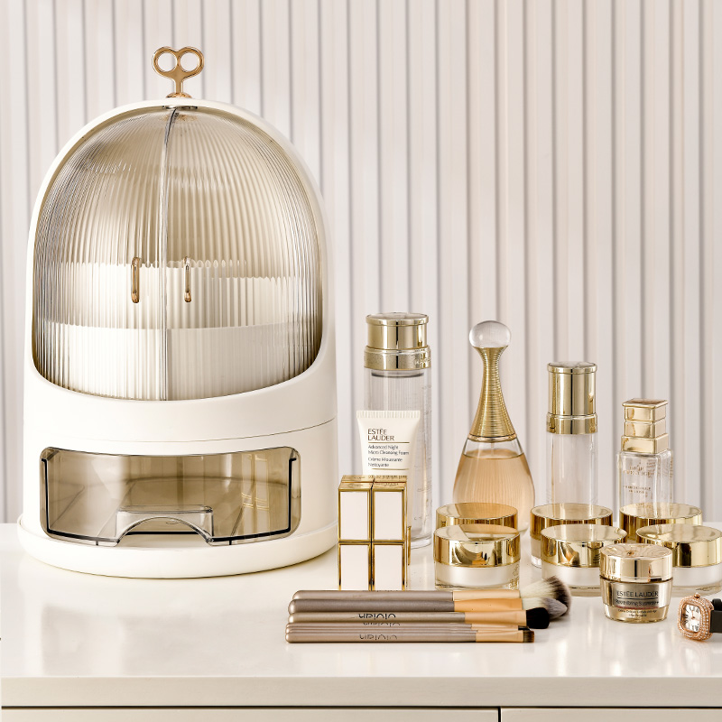 【CL】26Q3#0539 White oval-shaped storage box with transparent dome, multi-functional organizing and storage box for household items and cosmetics Application Scenario