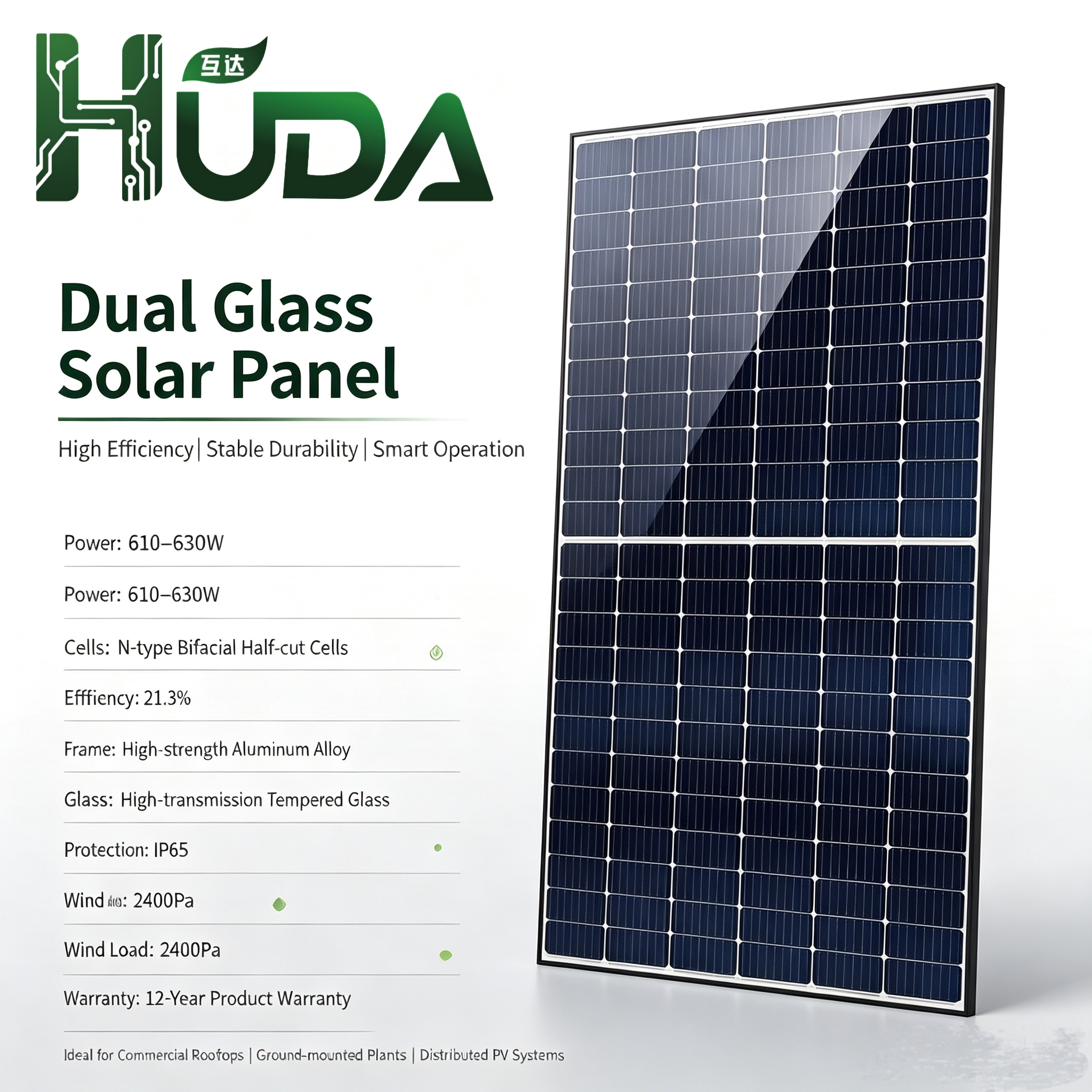 HUDA 620W panel fotovoltaico solar HD620G1R2NHB-132 panel de carga solar para teléfonos móviles módulos fotovoltaicos portátiles generación de energía al aire libre Item Picture